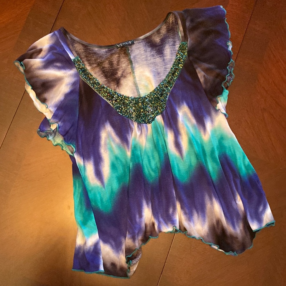 Venus Size L Tie Dye Flutter Sleeve Beaded Boho Top